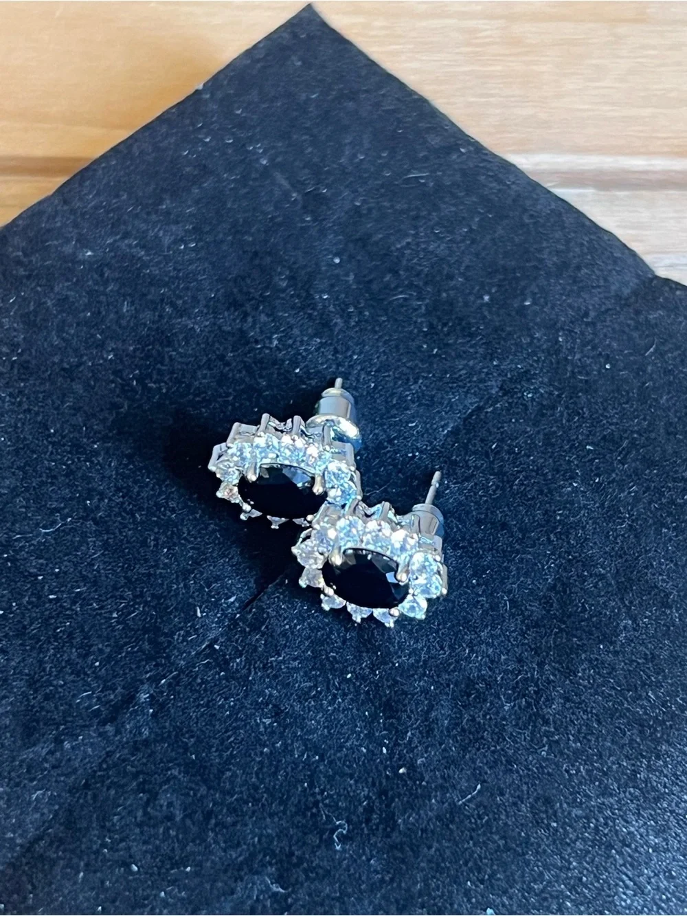 Silver Tone Classic Black Halo Stud Earrings With Clear Stone Accents